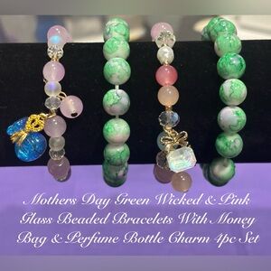 Mothers Day Green & Pink Glass Beaded Bracelet Set w/Money bag & Perfume Charms